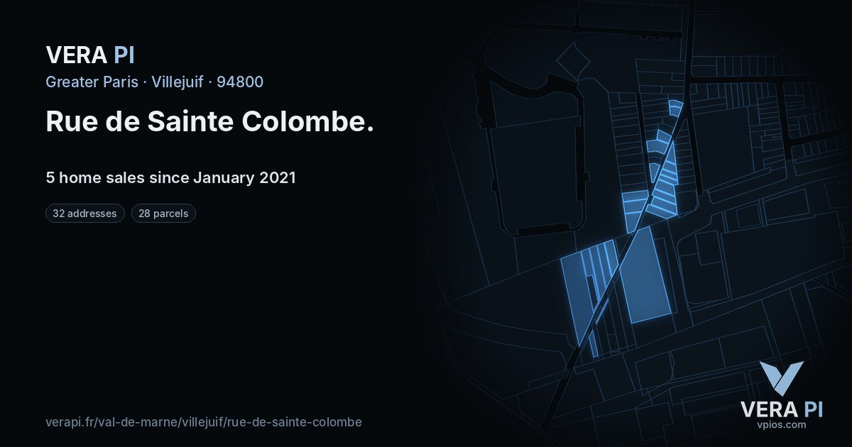 Rue de Sainte Colombe, Villejuif at night – every parcel coloured by the prices around it, the street's own parcels lit