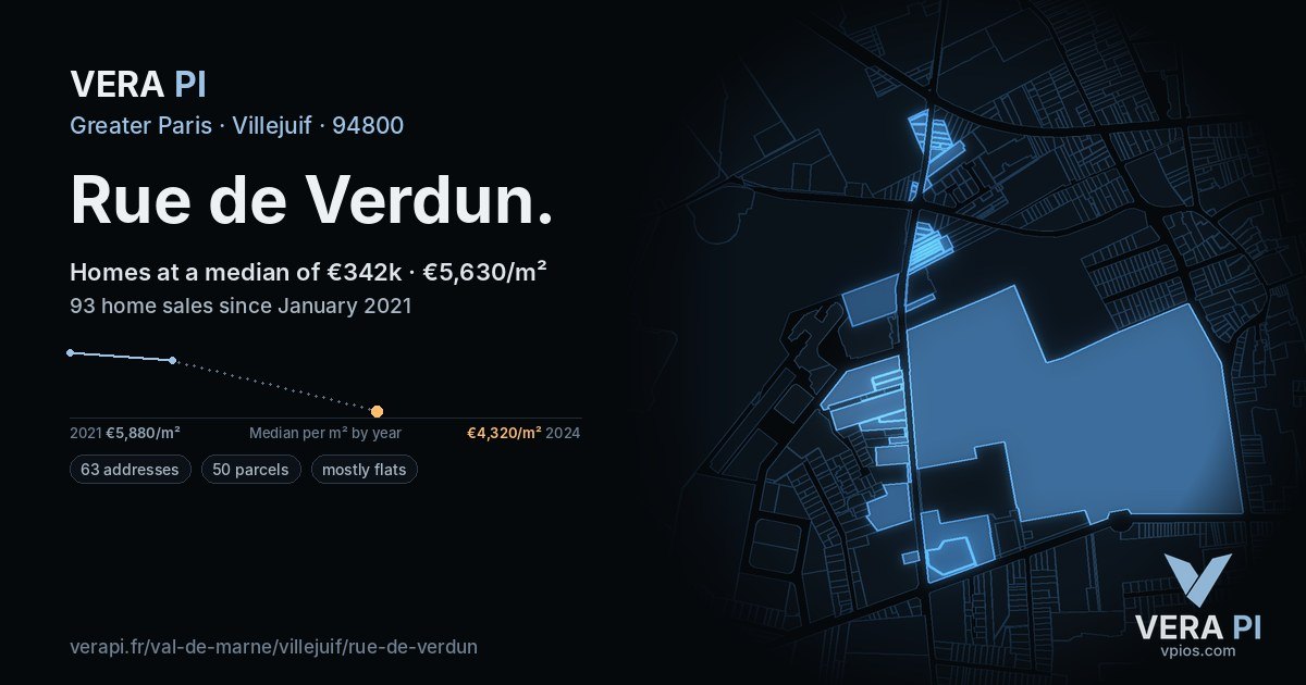 Rue de Verdun, Villejuif at night – every parcel coloured by the prices around it, the street's own parcels lit