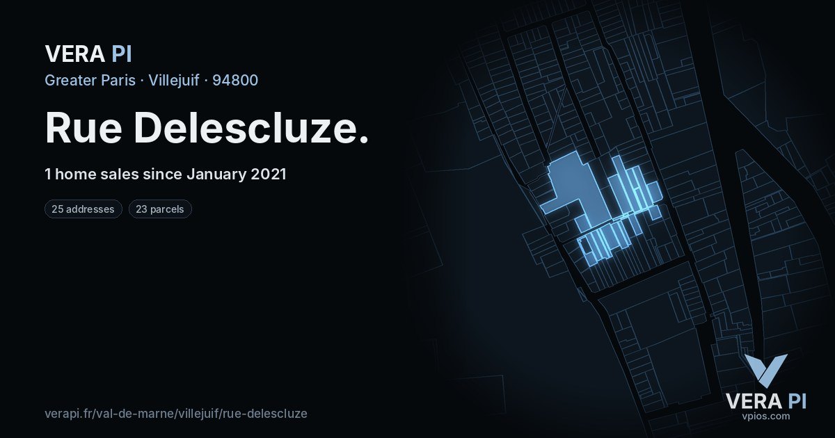 Rue Delescluze, Villejuif at night – every parcel coloured by the prices around it, the street's own parcels lit