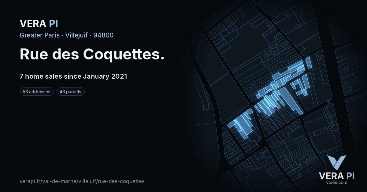 Rue des Coquettes, Villejuif at night – every parcel coloured by the prices around it, the street's own parcels lit