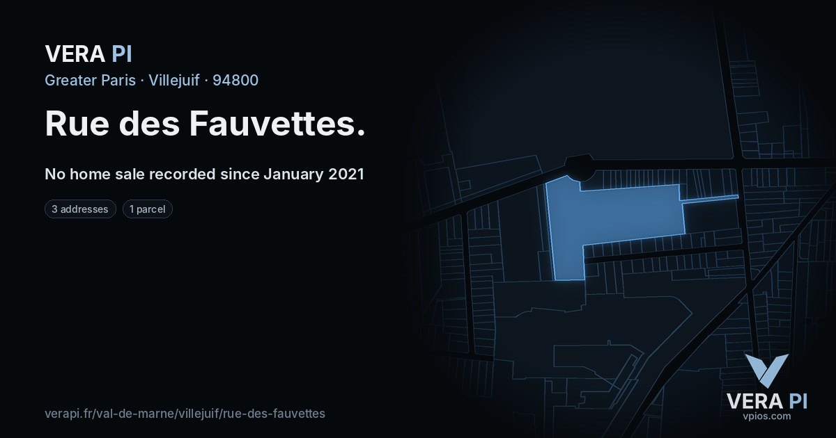Rue des Fauvettes, Villejuif at night – every parcel coloured by the prices around it, the street's own parcels lit