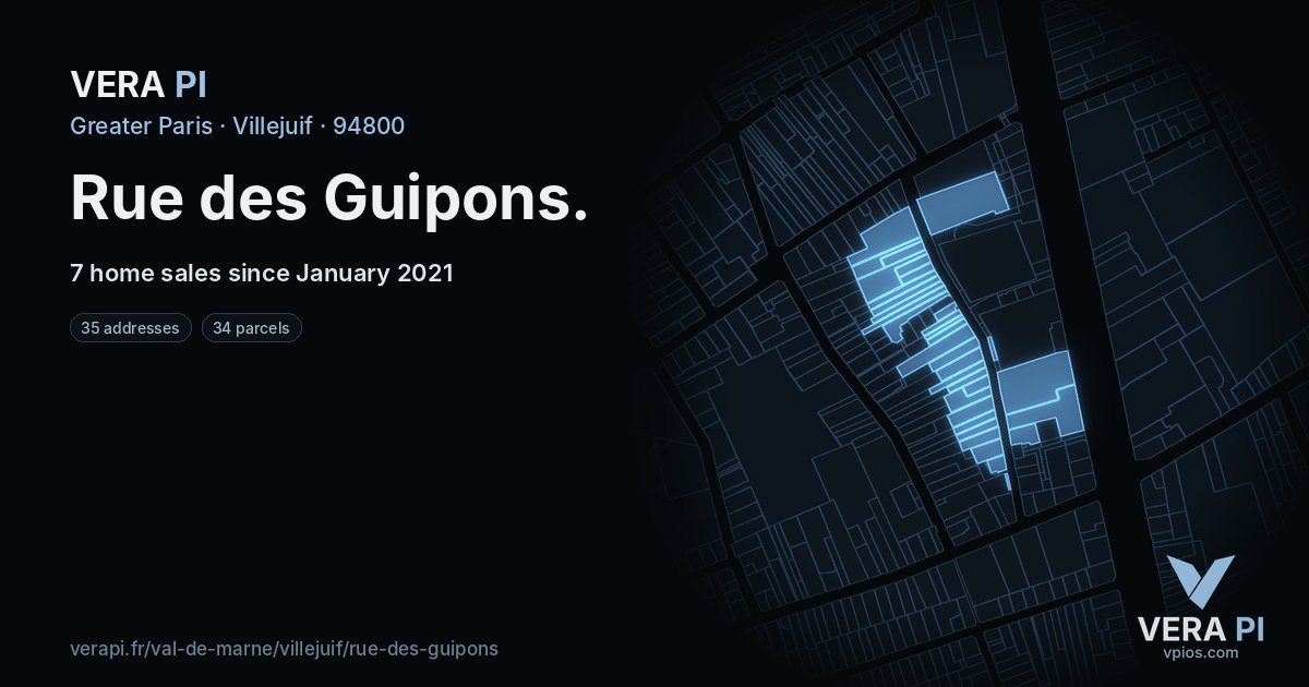 Rue des Guipons, Villejuif at night – every parcel coloured by the prices around it, the street's own parcels lit