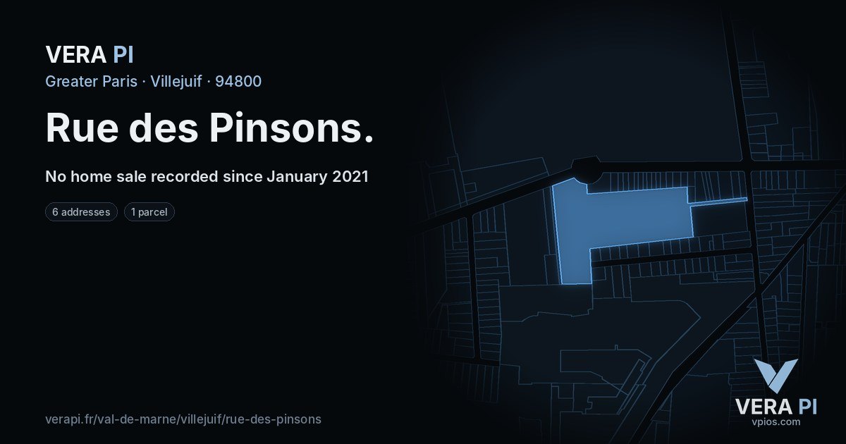 Rue des Pinsons, Villejuif at night – every parcel coloured by the prices around it, the street's own parcels lit