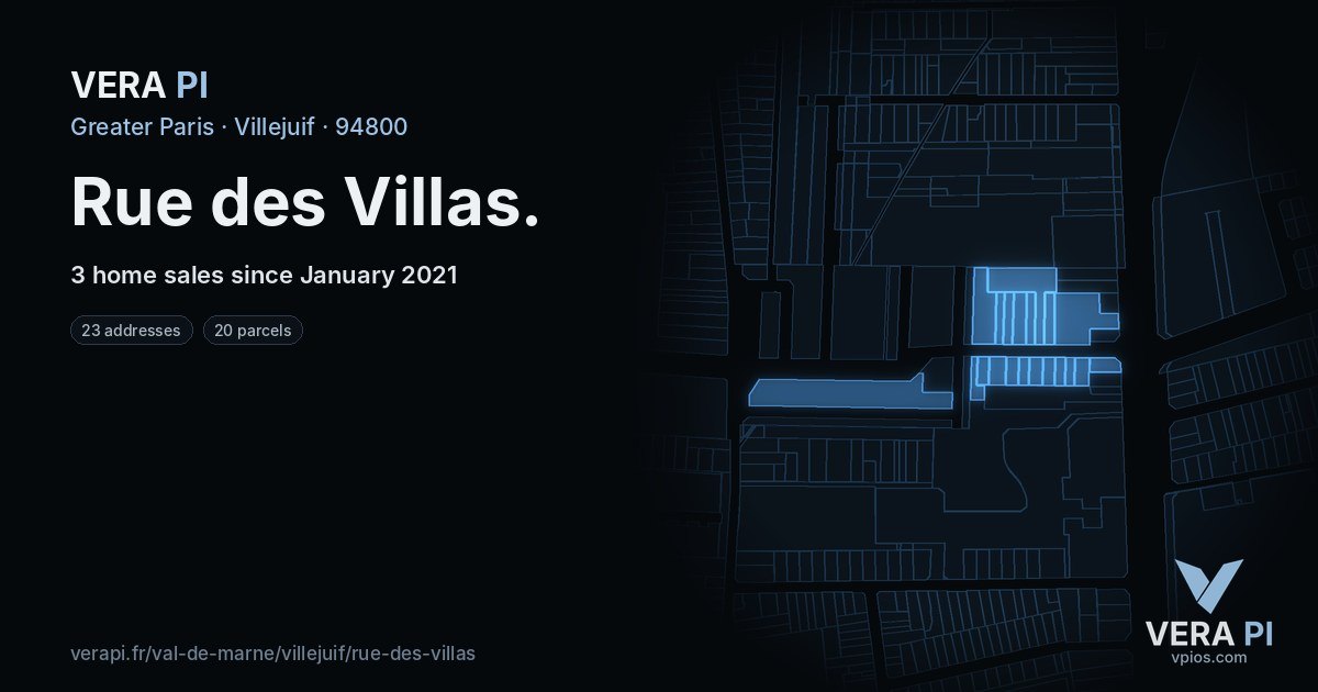 Rue des Villas, Villejuif at night – every parcel coloured by the prices around it, the street's own parcels lit