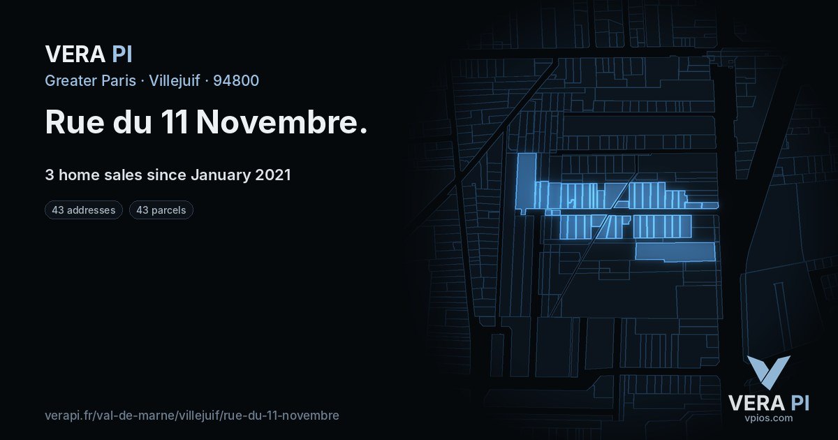 Rue du 11 Novembre, Villejuif at night – every parcel coloured by the prices around it, the street's own parcels lit