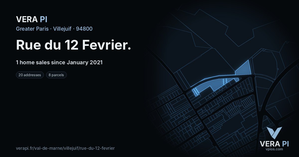Rue du 12 Fevrier, Villejuif at night – every parcel coloured by the prices around it, the street's own parcels lit
