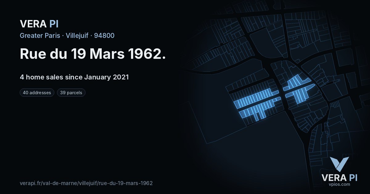 Rue du 19 Mars 1962, Villejuif at night – every parcel coloured by the prices around it, the street's own parcels lit