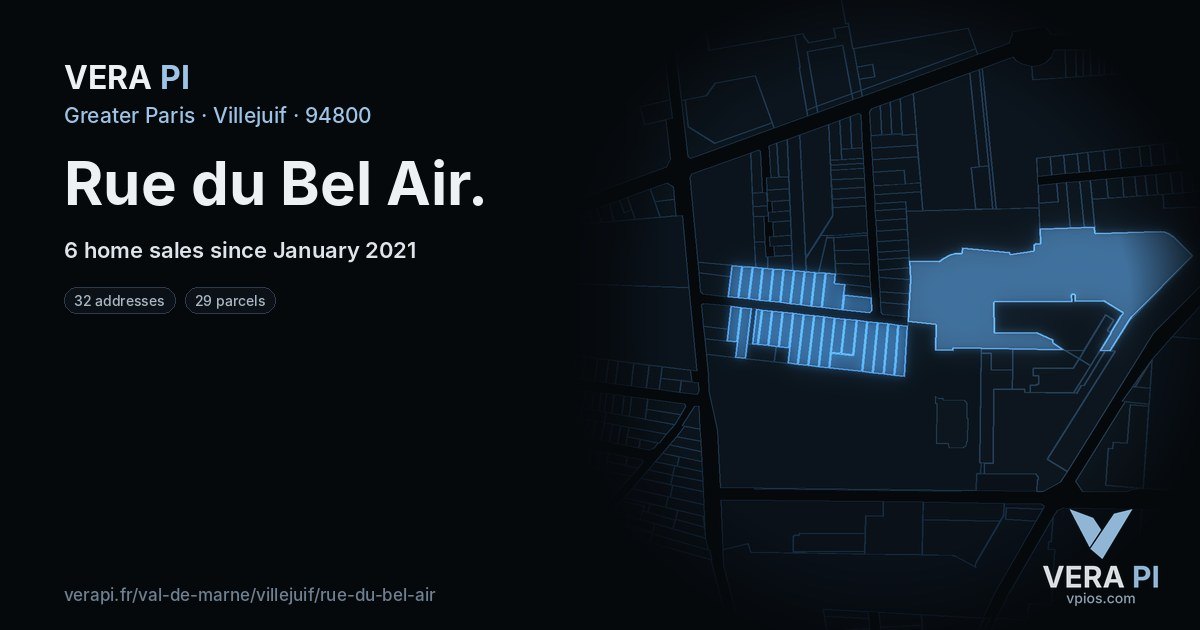 Rue du Bel Air, Villejuif at night – every parcel coloured by the prices around it, the street's own parcels lit