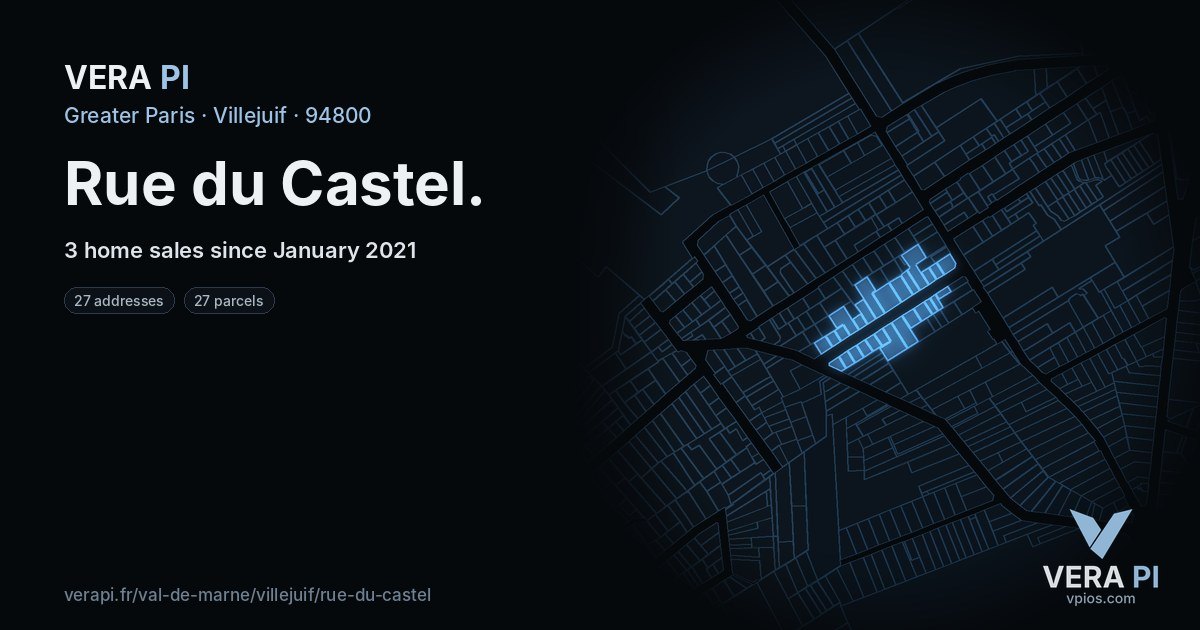 Rue du Castel, Villejuif at night – every parcel coloured by the prices around it, the street's own parcels lit