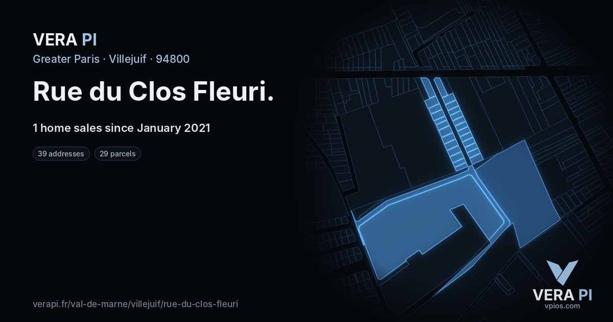 Rue du Clos Fleuri, Villejuif at night – every parcel coloured by the prices around it, the street's own parcels lit
