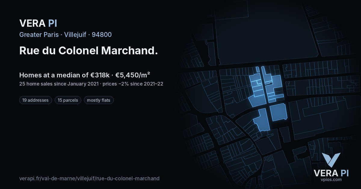 Rue du Colonel Marchand, Villejuif at night – every parcel coloured by the prices around it, the street's own parcels lit