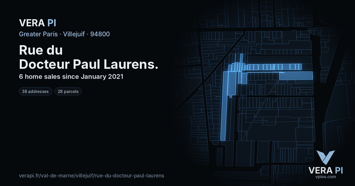 Rue du Docteur Paul Laurens, Villejuif at night – every parcel coloured by the prices around it, the street's own parcels lit