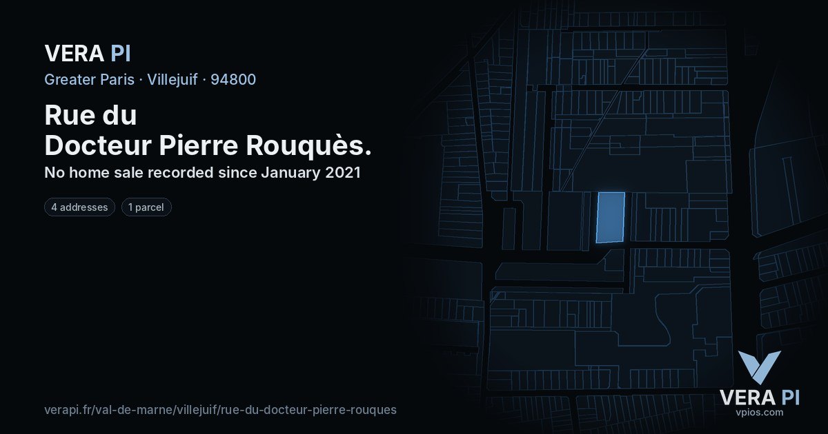 Rue du Docteur Pierre Rouquès, Villejuif at night – every parcel coloured by the prices around it, the street's own parcels lit