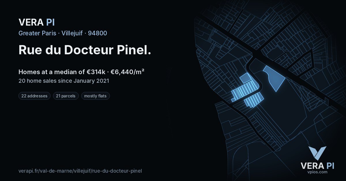 Rue du Docteur Pinel, Villejuif at night – every parcel coloured by the prices around it, the street's own parcels lit