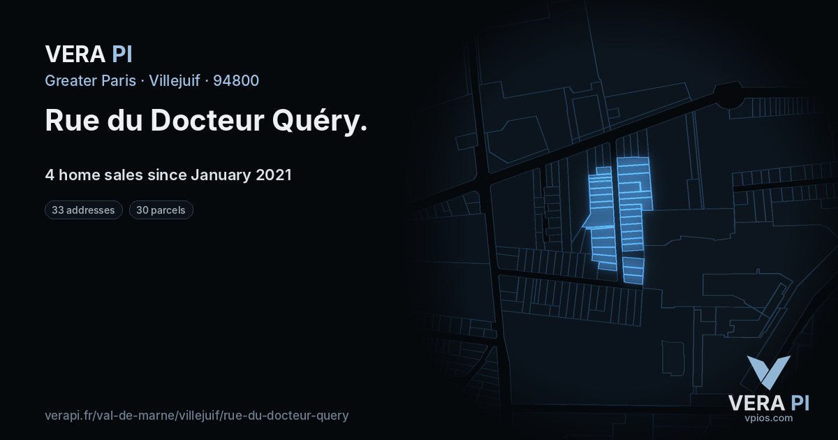 Rue du Docteur Quéry, Villejuif at night – every parcel coloured by the prices around it, the street's own parcels lit
