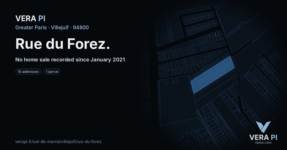 Rue du Forez, Villejuif at night – every parcel coloured by the prices around it, the street's own parcels lit