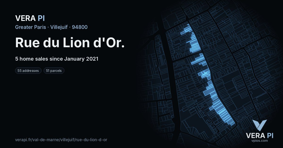 Rue du Lion d'Or, Villejuif at night – every parcel coloured by the prices around it, the street's own parcels lit