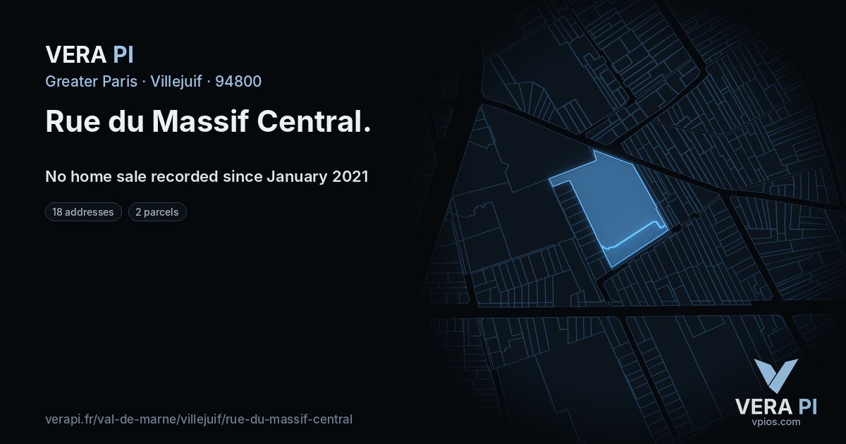 Rue du Massif Central, Villejuif at night – every parcel coloured by the prices around it, the street's own parcels lit