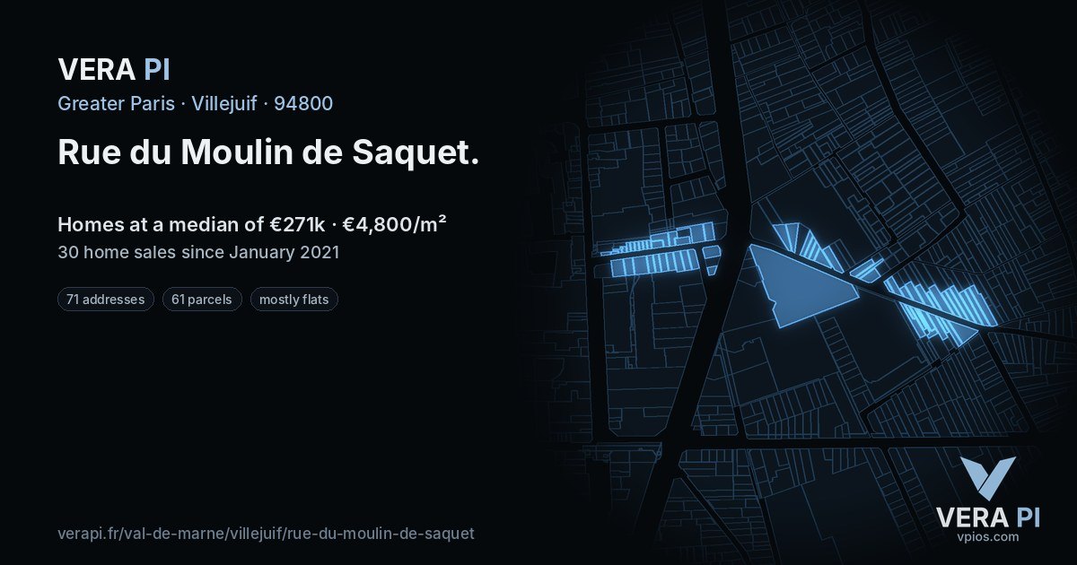 Rue du Moulin de Saquet, Villejuif at night – every parcel coloured by the prices around it, the street's own parcels lit
