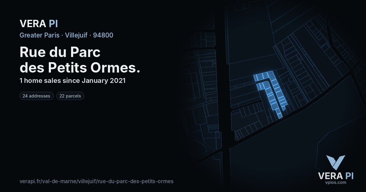 Rue du Parc des Petits Ormes, Villejuif at night – every parcel coloured by the prices around it, the street's own parcels lit
