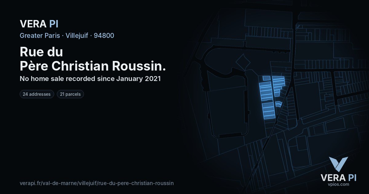Rue du Père Christian Roussin, Villejuif at night – every parcel coloured by the prices around it, the street's own parcels lit