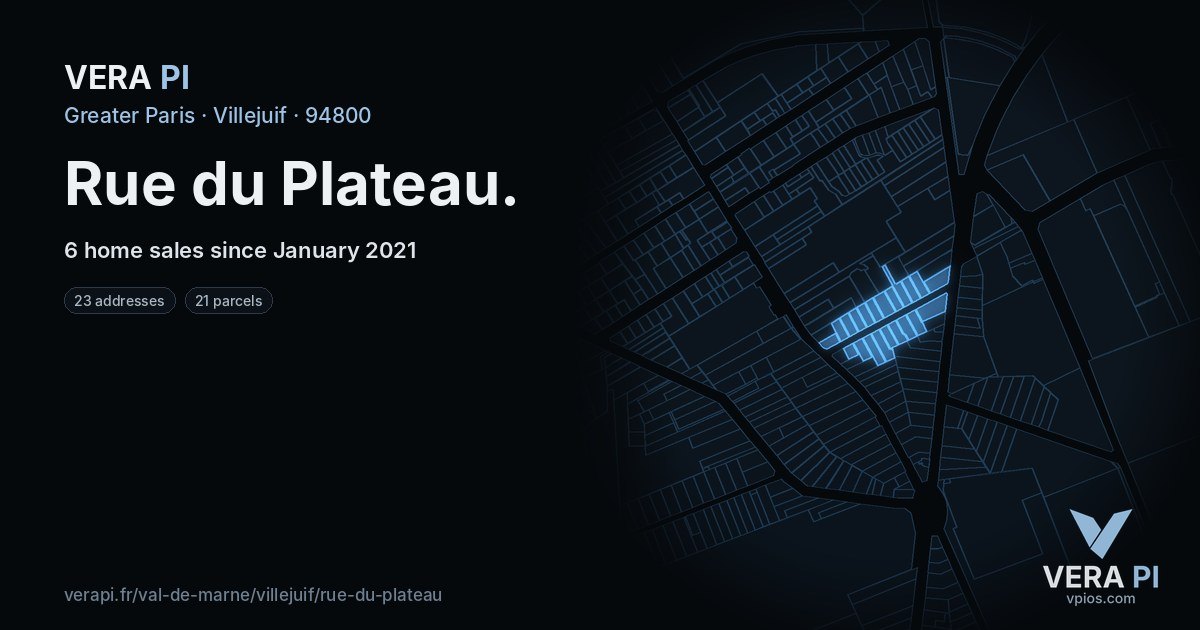 Rue du Plateau, Villejuif at night – every parcel coloured by the prices around it, the street's own parcels lit