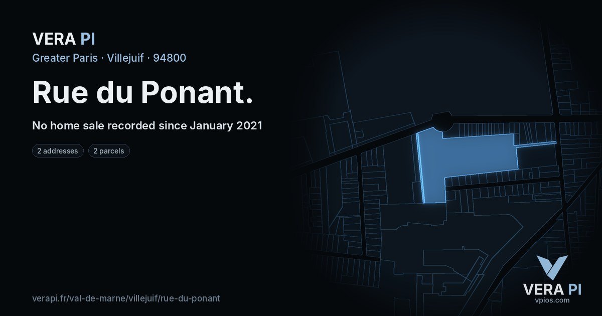 Rue du Ponant, Villejuif at night – every parcel coloured by the prices around it, the street's own parcels lit