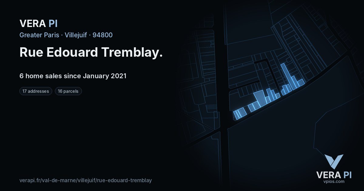 Rue Edouard Tremblay, Villejuif at night – every parcel coloured by the prices around it, the street's own parcels lit