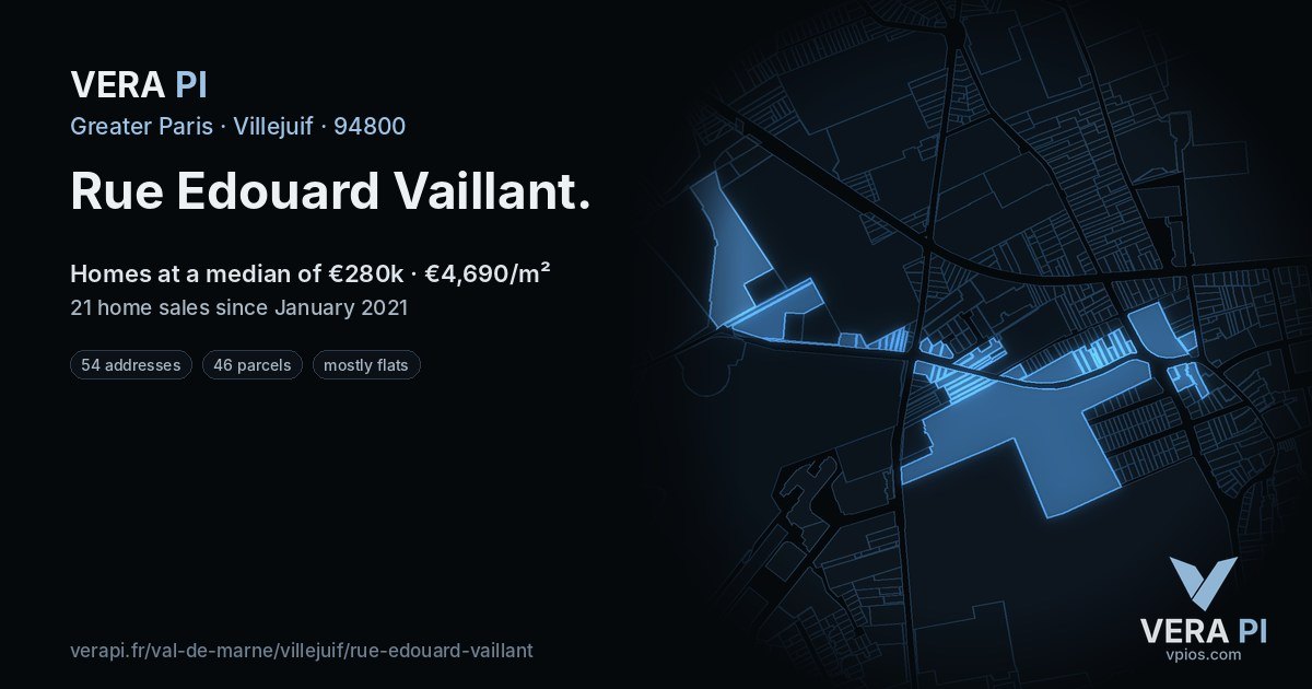Rue Edouard Vaillant, Villejuif at night – every parcel coloured by the prices around it, the street's own parcels lit