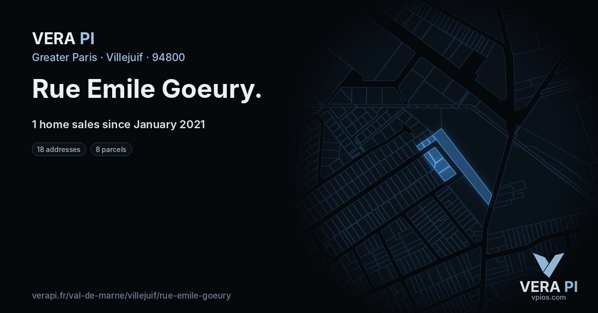 Rue Emile Goeury, Villejuif at night – every parcel coloured by the prices around it, the street's own parcels lit