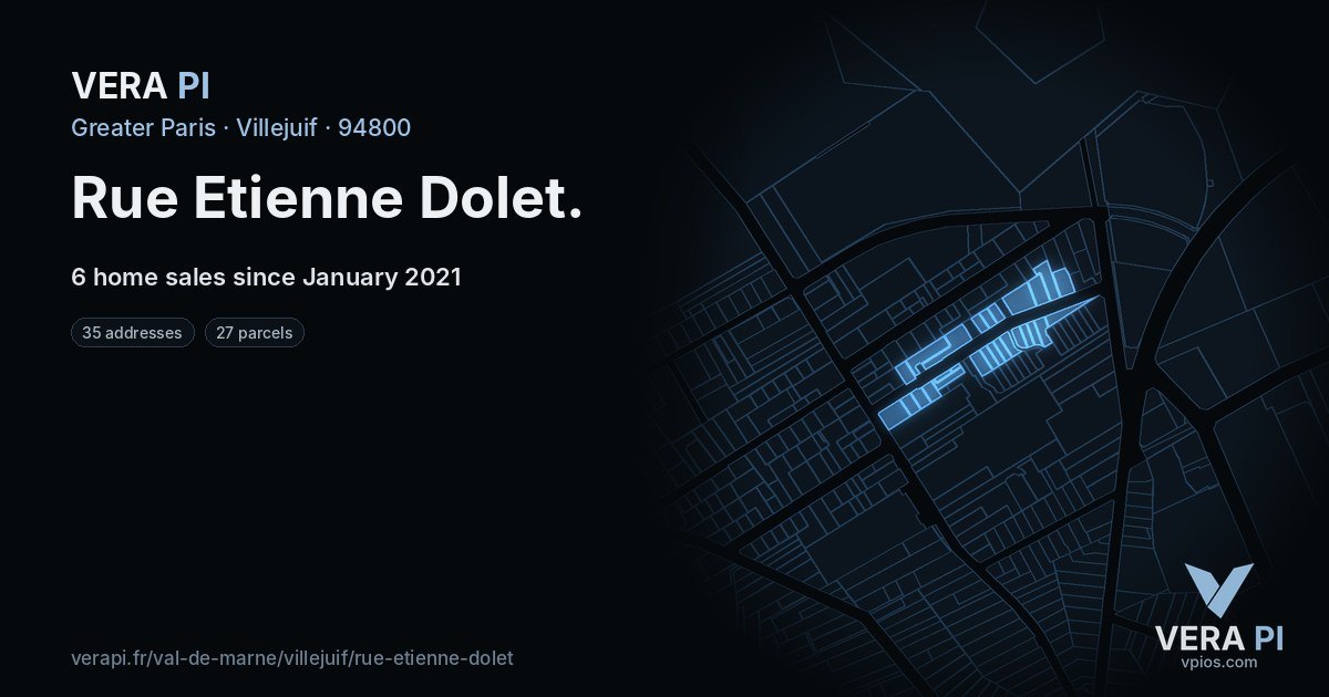 Rue Etienne Dolet, Villejuif at night – every parcel coloured by the prices around it, the street's own parcels lit