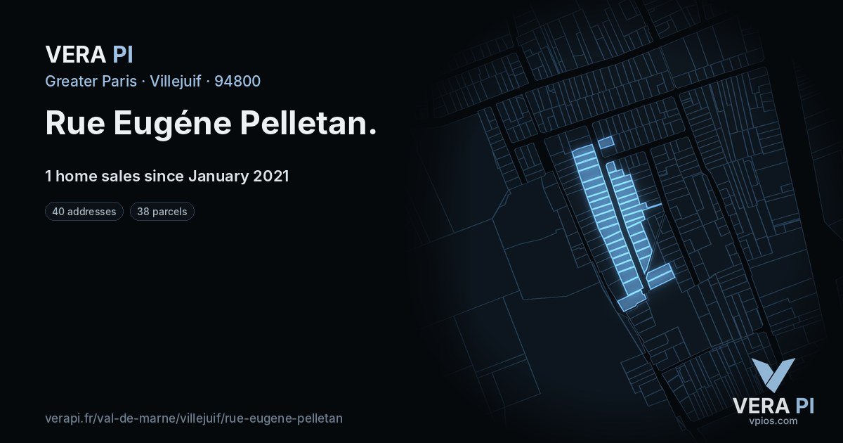 Rue Eugéne Pelletan, Villejuif at night – every parcel coloured by the prices around it, the street's own parcels lit