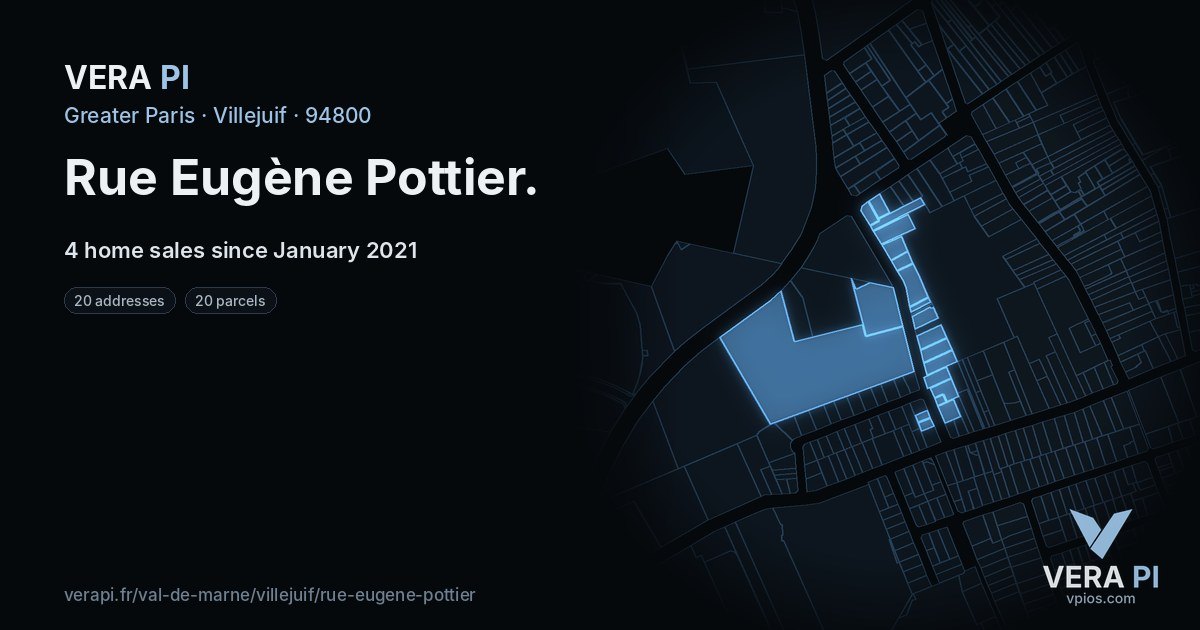Rue Eugène Pottier, Villejuif at night – every parcel coloured by the prices around it, the street's own parcels lit