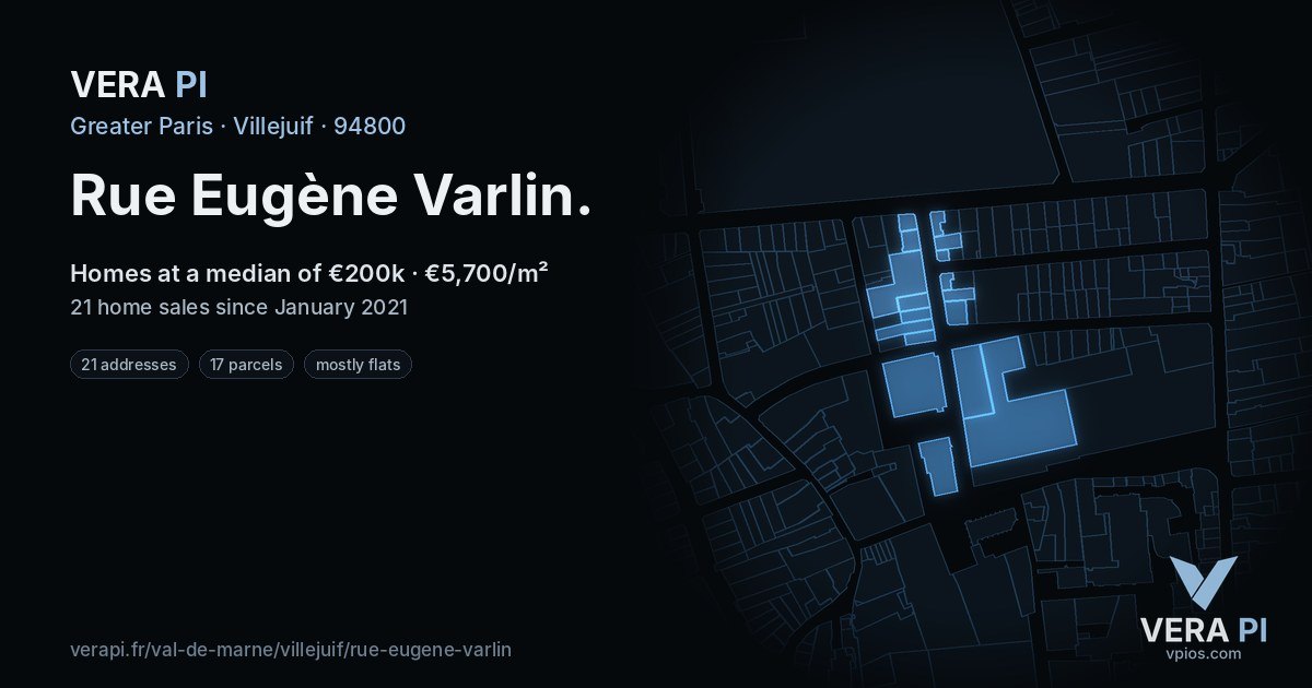 Rue Eugène Varlin, Villejuif at night – every parcel coloured by the prices around it, the street's own parcels lit