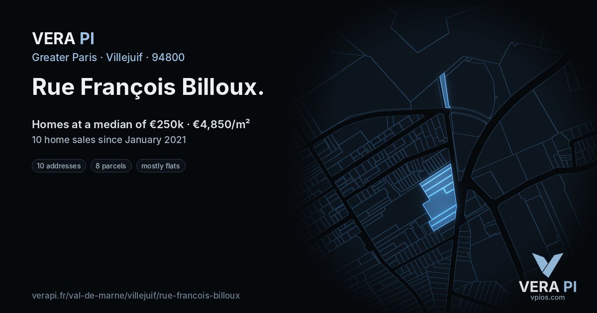 Rue François Billoux, Villejuif at night – every parcel coloured by the prices around it, the street's own parcels lit