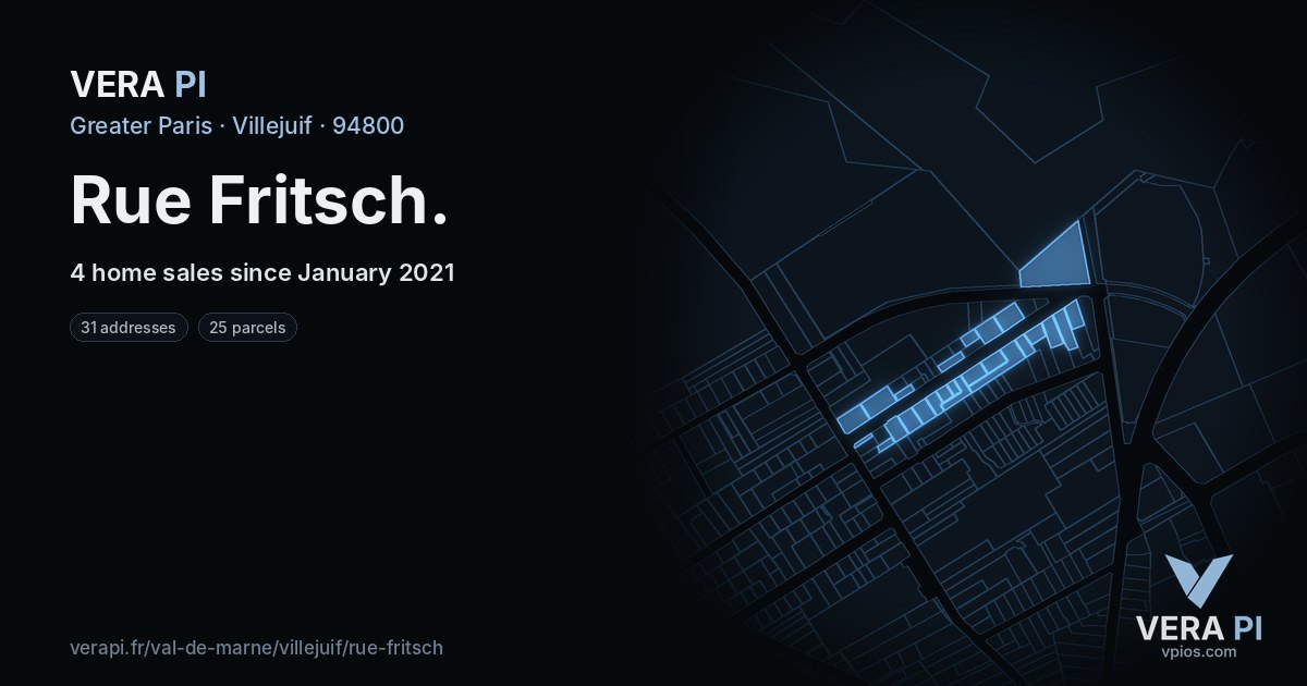 Rue Fritsch, Villejuif at night – every parcel coloured by the prices around it, the street's own parcels lit