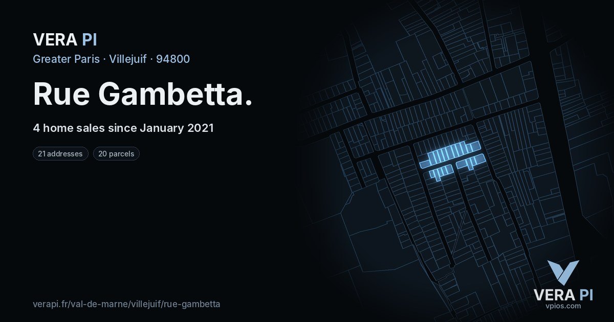 Rue Gambetta, Villejuif at night – every parcel coloured by the prices around it, the street's own parcels lit