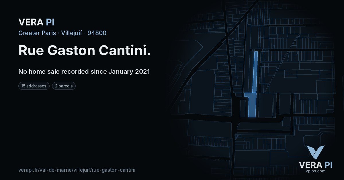 Rue Gaston Cantini, Villejuif at night – every parcel coloured by the prices around it, the street's own parcels lit