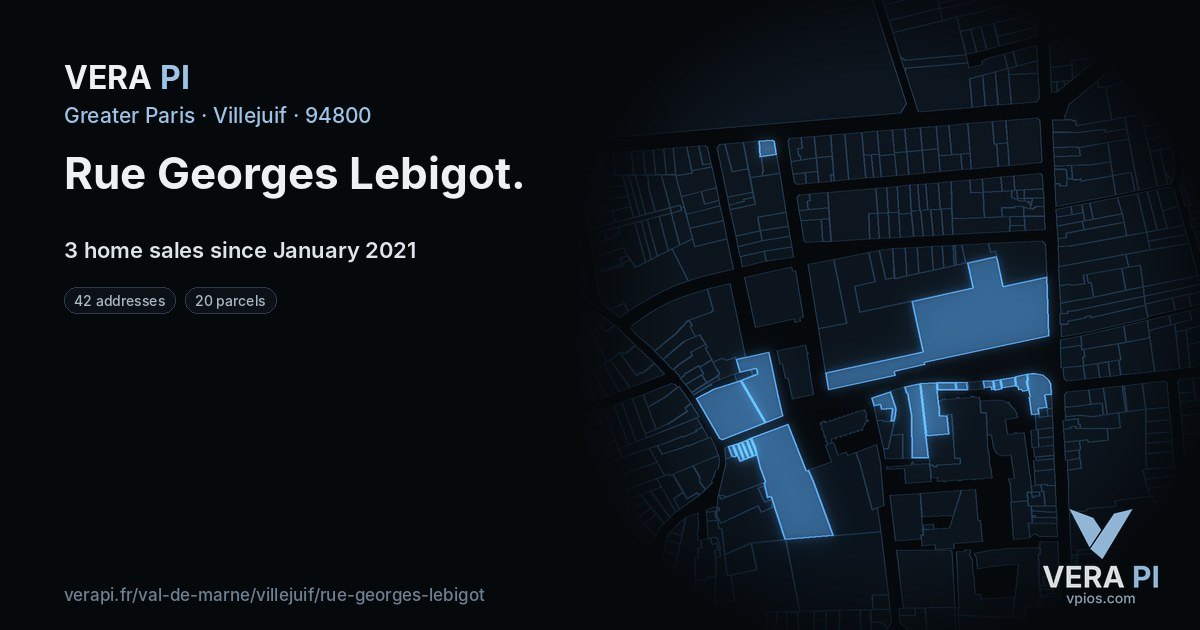 Rue Georges Lebigot, Villejuif at night – every parcel coloured by the prices around it, the street's own parcels lit