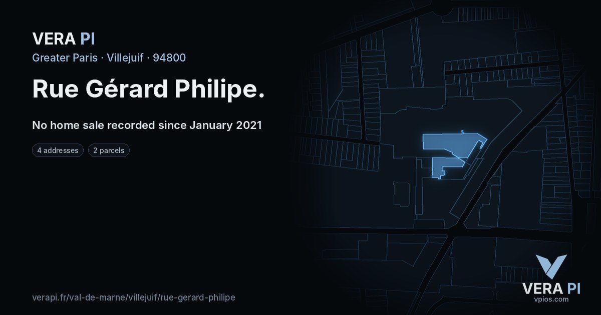 Rue Gérard Philipe, Villejuif at night – every parcel coloured by the prices around it, the street's own parcels lit