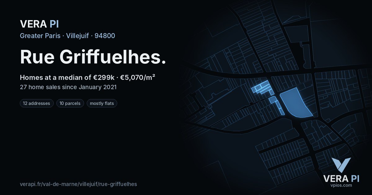 Rue Griffuelhes, Villejuif at night – every parcel coloured by the prices around it, the street's own parcels lit