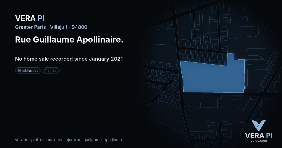Rue Guillaume Apollinaire, Villejuif at night – every parcel coloured by the prices around it, the street's own parcels lit