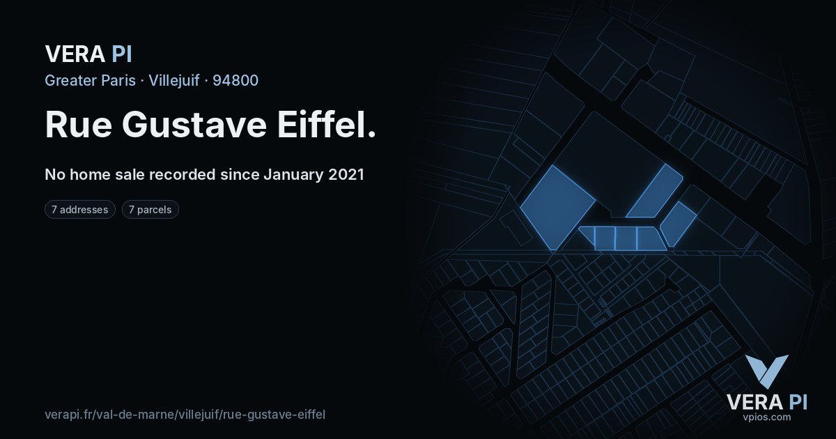 Rue Gustave Eiffel, Villejuif at night – every parcel coloured by the prices around it, the street's own parcels lit
