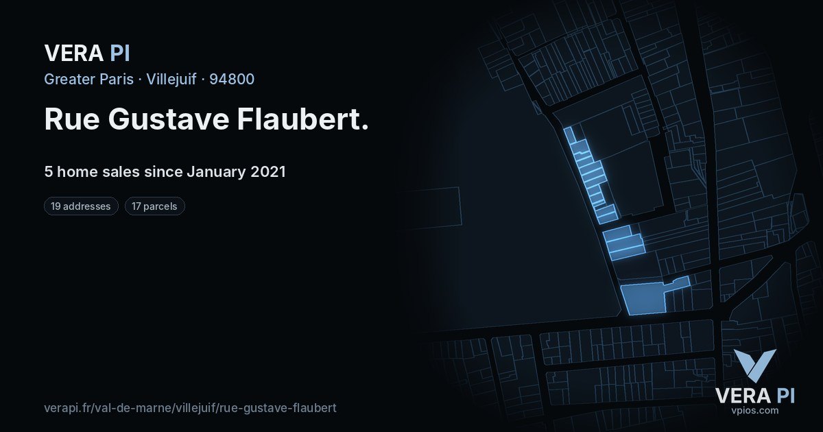 Rue Gustave Flaubert, Villejuif at night – every parcel coloured by the prices around it, the street's own parcels lit
