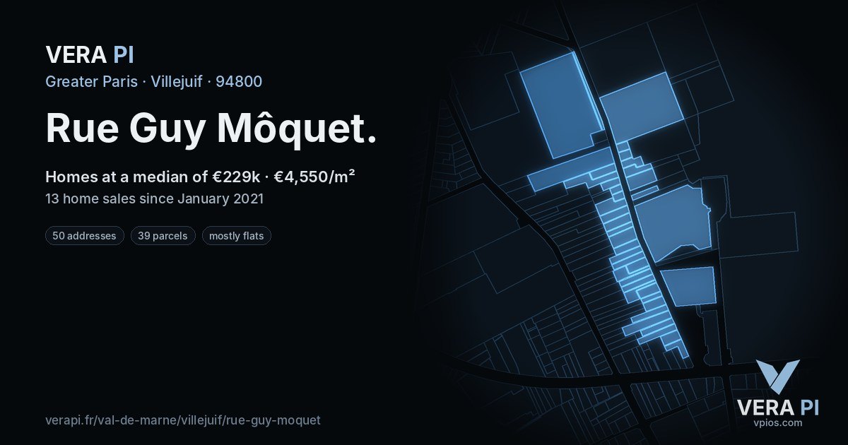 Rue Guy Môquet, Villejuif at night – every parcel coloured by the prices around it, the street's own parcels lit