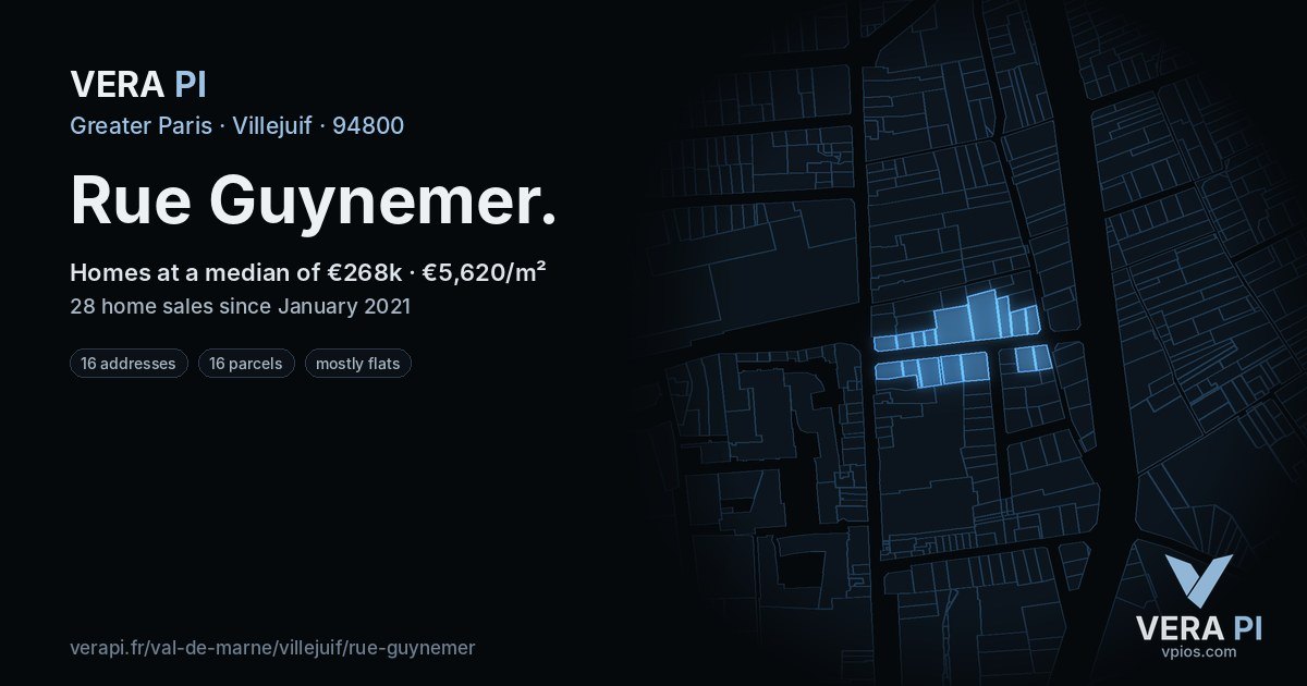 Rue Guynemer, Villejuif at night – every parcel coloured by the prices around it, the street's own parcels lit