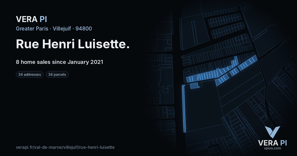 Rue Henri Luisette, Villejuif at night – every parcel coloured by the prices around it, the street's own parcels lit