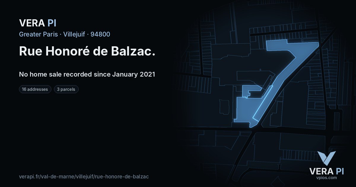 Rue Honoré de Balzac, Villejuif at night – every parcel coloured by the prices around it, the street's own parcels lit