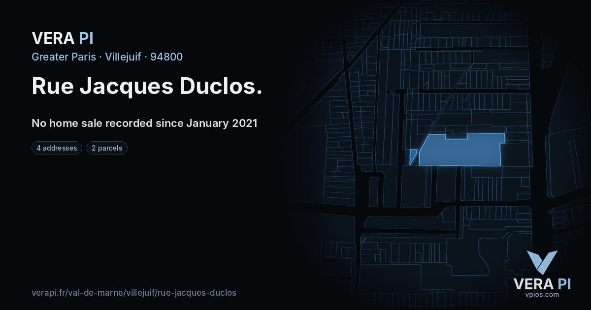 Rue Jacques Duclos, Villejuif at night – every parcel coloured by the prices around it, the street's own parcels lit