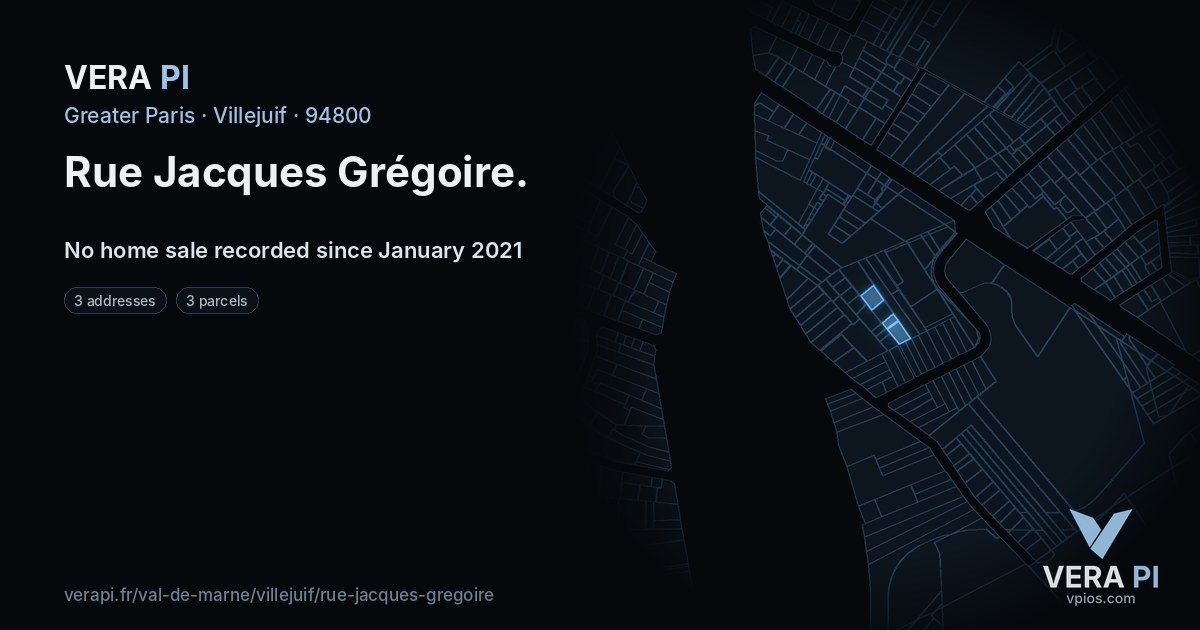 Rue Jacques Grégoire, Villejuif at night – every parcel coloured by the prices around it, the street's own parcels lit